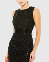 Black Geometric Embellished Sleeveless Sheath Dress